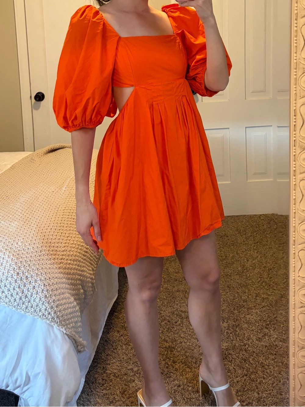 Women’s Orange Puff-Sleeve Cutout Mini Dress